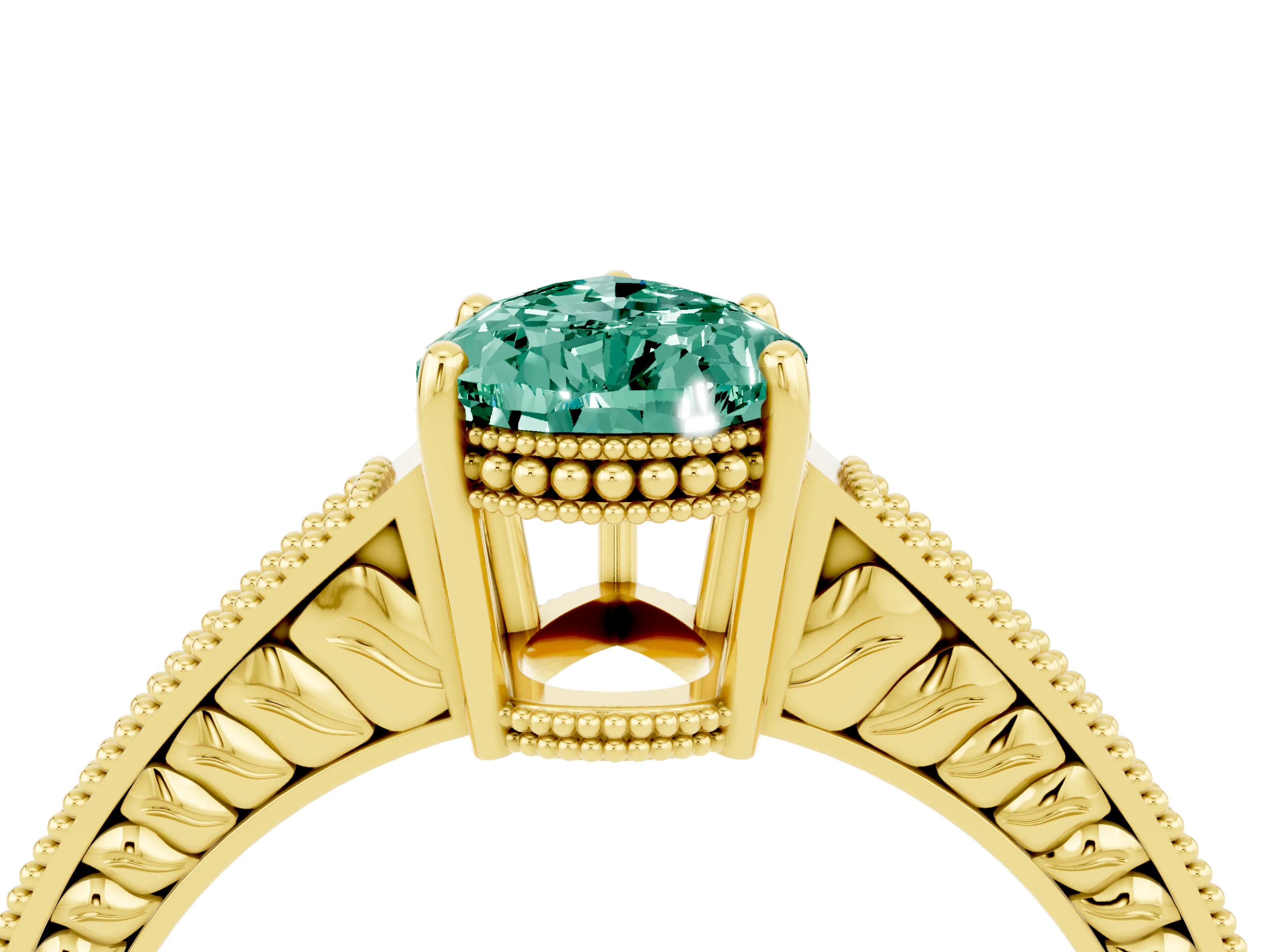 Yellow gold Pear Cut Green Sapphire Engagement Ring with Milgrain Channel Set Band and Prong Setting_4