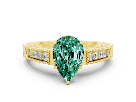 Yellow gold Pear Cut Green Sapphire Engagement Ring with Milgrain Channel Set Band and Prong Setting
