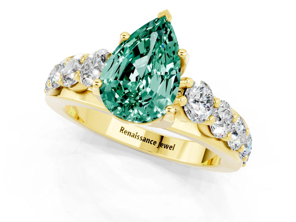 Yellow gold Pear Cut Green Sapphire Engagement Ring with Pavé Band and Four-Prong Setting