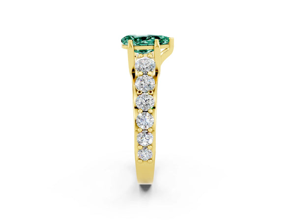 Yellow gold Pear Cut Green Sapphire Engagement Ring with Pavé Band and Four-Prong Setting