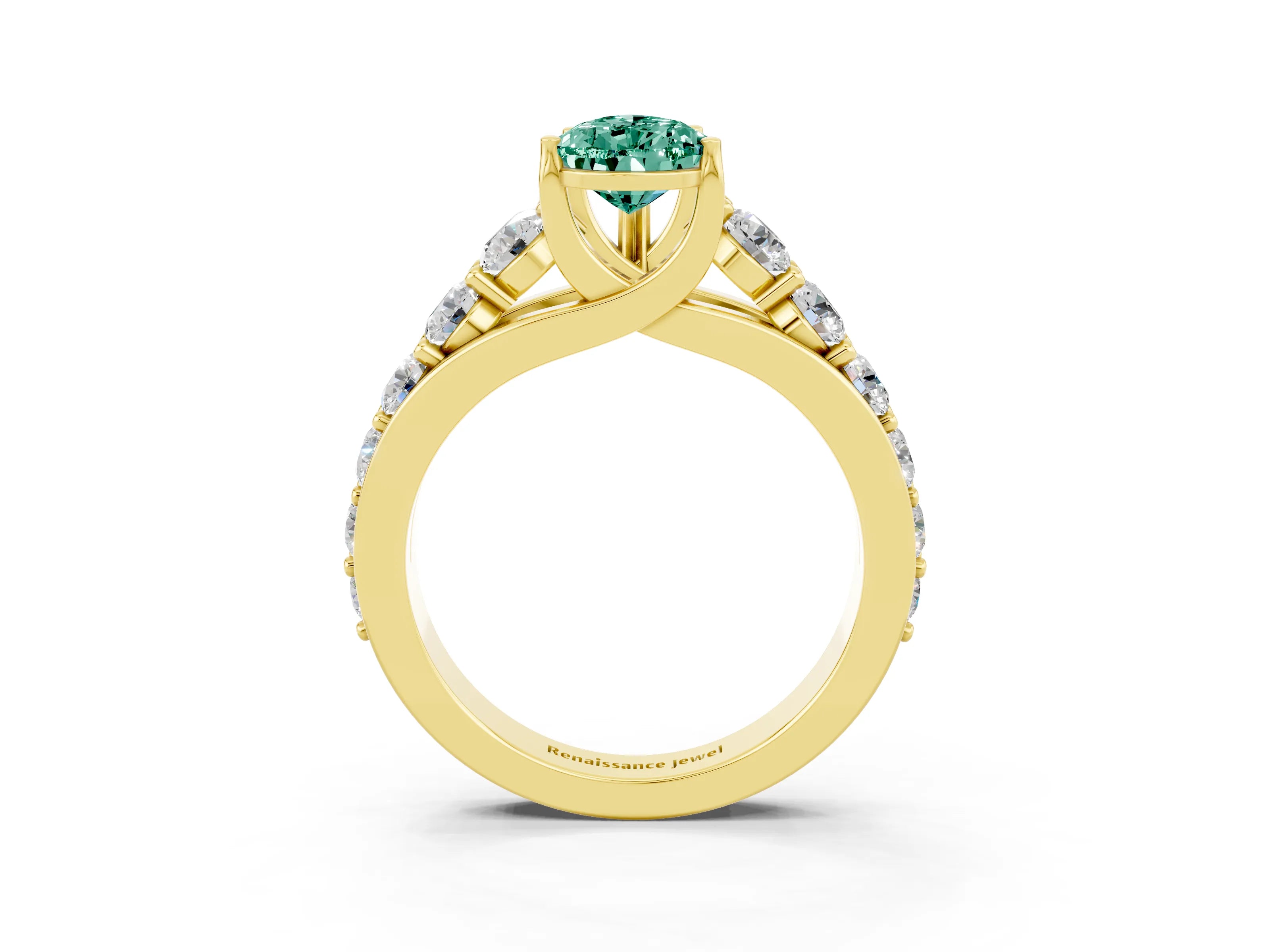 Yellow gold Pear Cut Green Sapphire Engagement Ring with Pavé Band and Four-Prong Setting_3