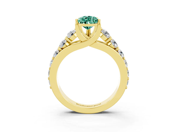 Yellow gold Pear Cut Green Sapphire Engagement Ring with Pavé Band and Four-Prong Setting