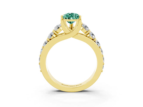 Yellow gold Pear Cut Green Sapphire Engagement Ring with Pavé Band and Four-Prong Setting_3
