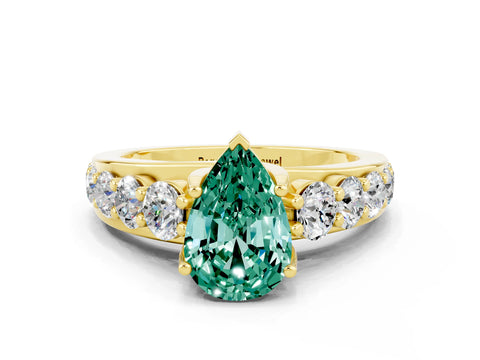 Yellow gold Pear Cut Green Sapphire Engagement Ring with Pavé Band and Four-Prong Setting