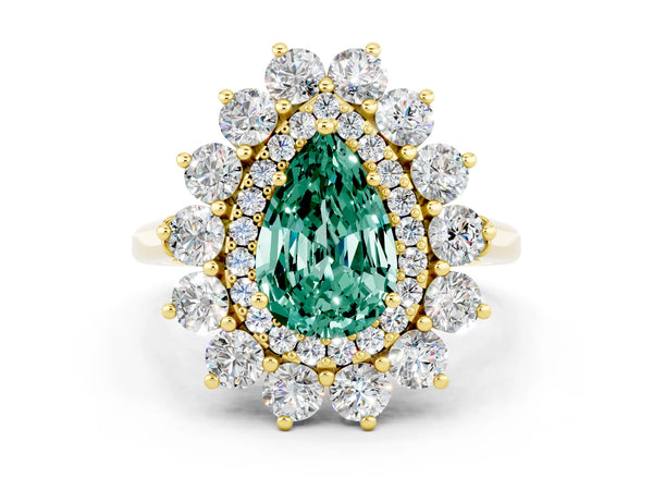 Yellow gold Pear Cut Green Sapphire Floral Double Halo Engagement Ring with Prong Setting
