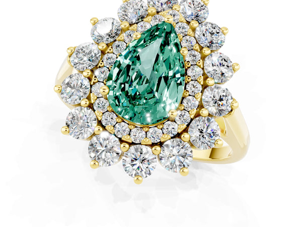 Yellow gold Pear Cut Green Sapphire Floral Double Halo Engagement Ring with Prong Setting