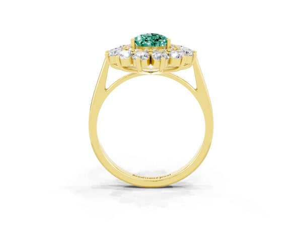 Yellow gold Pear Cut Green Sapphire Floral Double Halo Engagement Ring with Prong Setting