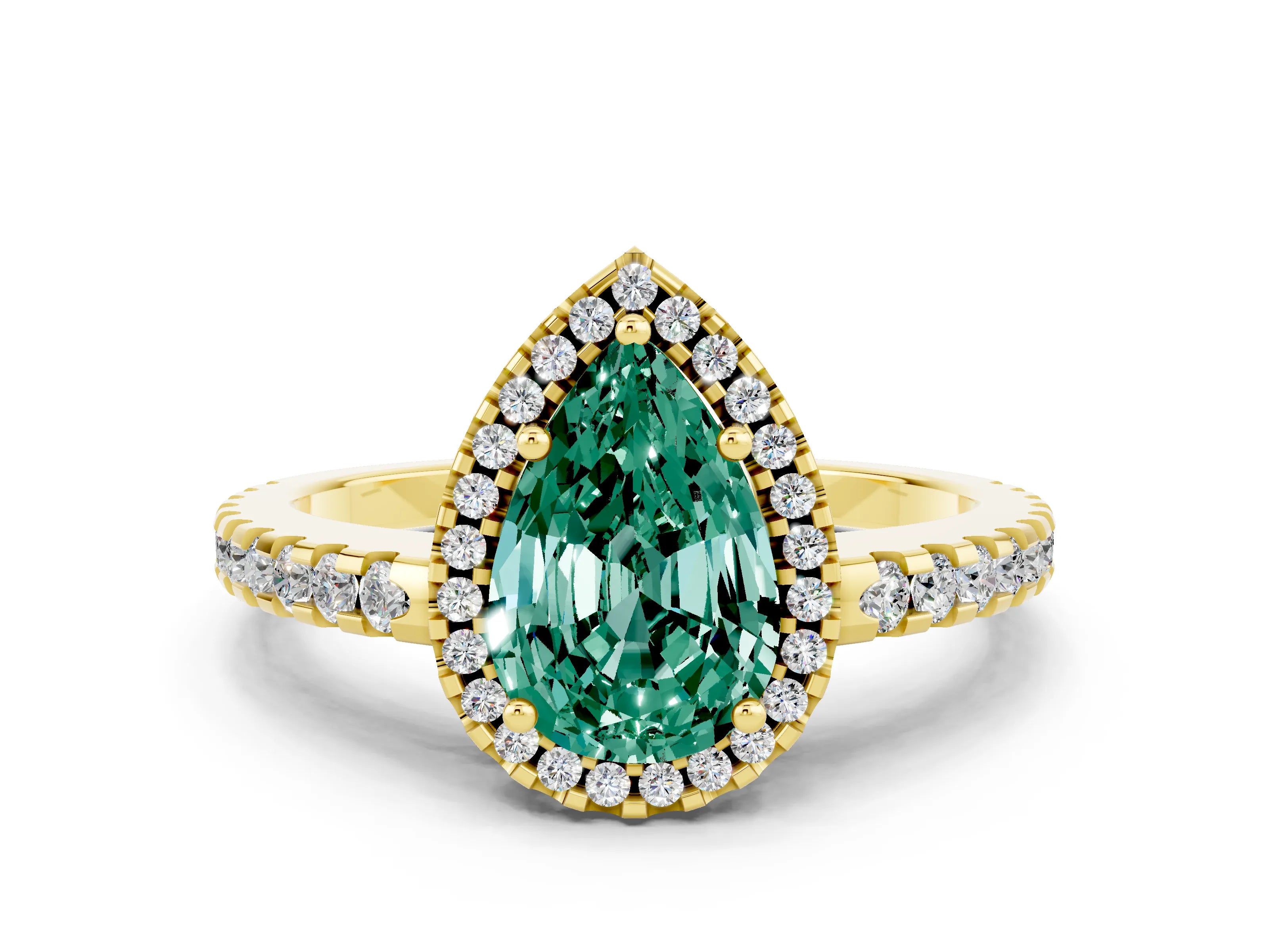 Yellow gold Pear Cut Green Sapphire Halo Engagement Ring with Pavé Band and Prong Setting_12