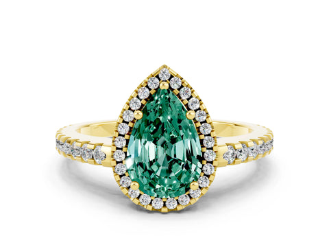 Yellow gold Pear Cut Green Sapphire Halo Engagement Ring with Pavé Band and Prong Setting_12