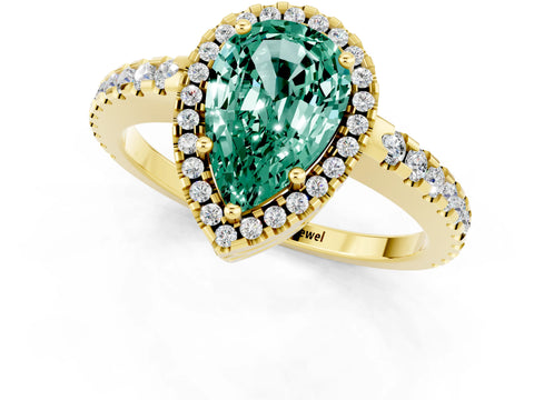 Yellow gold Pear Cut Green Sapphire Halo Engagement Ring with Pavé Band and Prong Setting_13