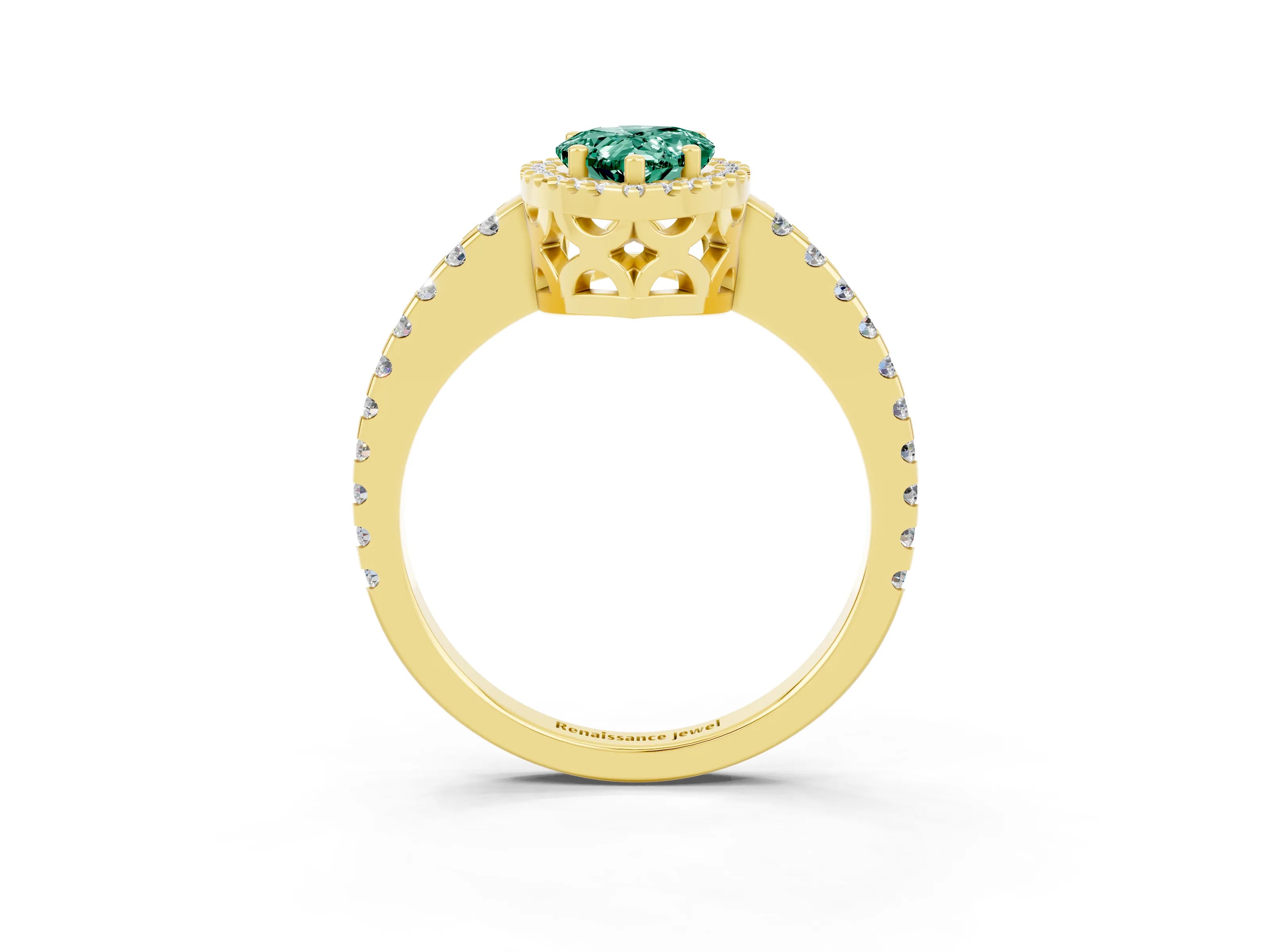 Yellow gold Pear Cut Green Sapphire Halo Engagement Ring with Pavé Band and Prong Setting_15