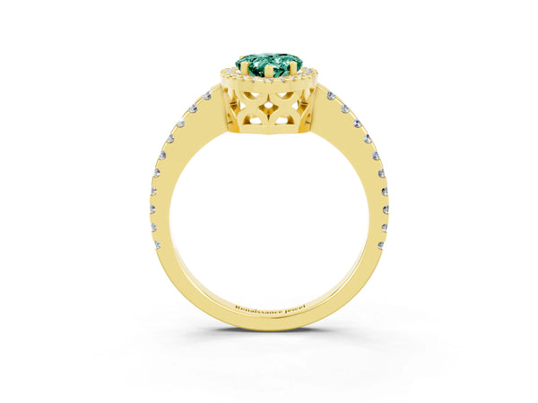 Yellow gold Pear Cut Green Sapphire Halo Engagement Ring with Pavé Band and Prong Setting