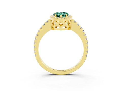 Yellow gold Pear Cut Green Sapphire Halo Engagement Ring with Pavé Band and Prong Setting_15