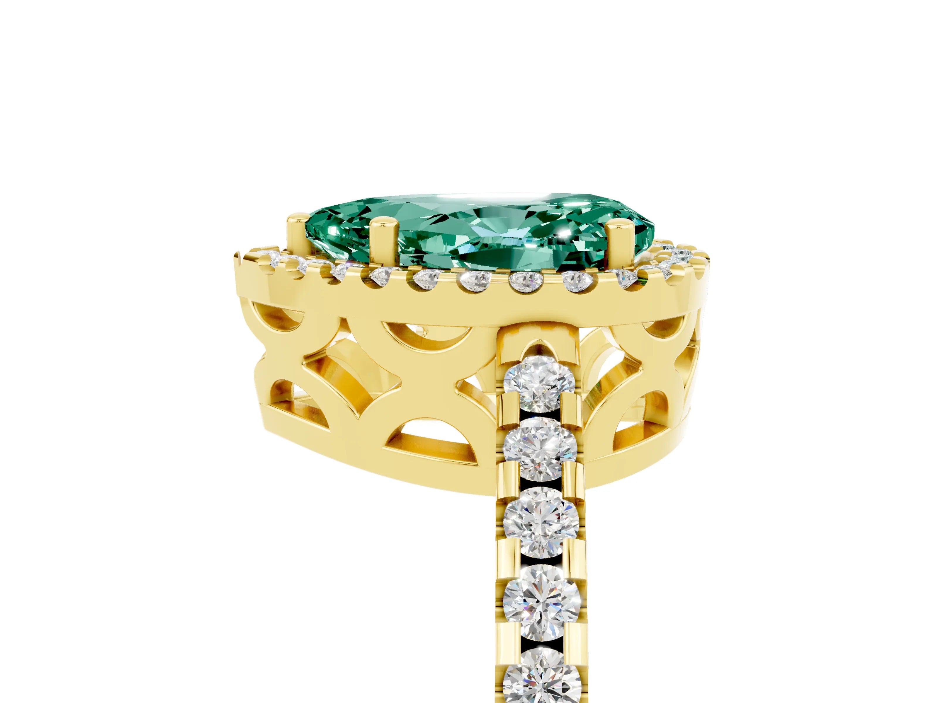 Yellow gold Pear Cut Green Sapphire Halo Engagement Ring with Pavé Band and Prong Setting_17