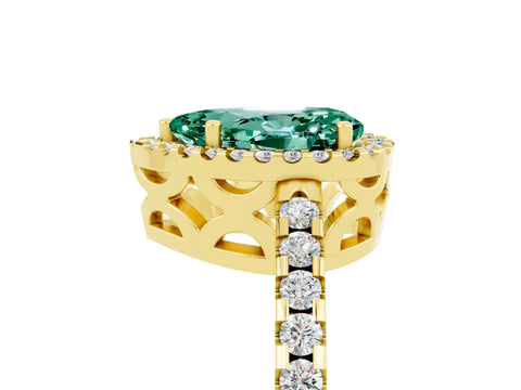 Yellow gold Pear Cut Green Sapphire Halo Engagement Ring with Pavé Band and Prong Setting_17