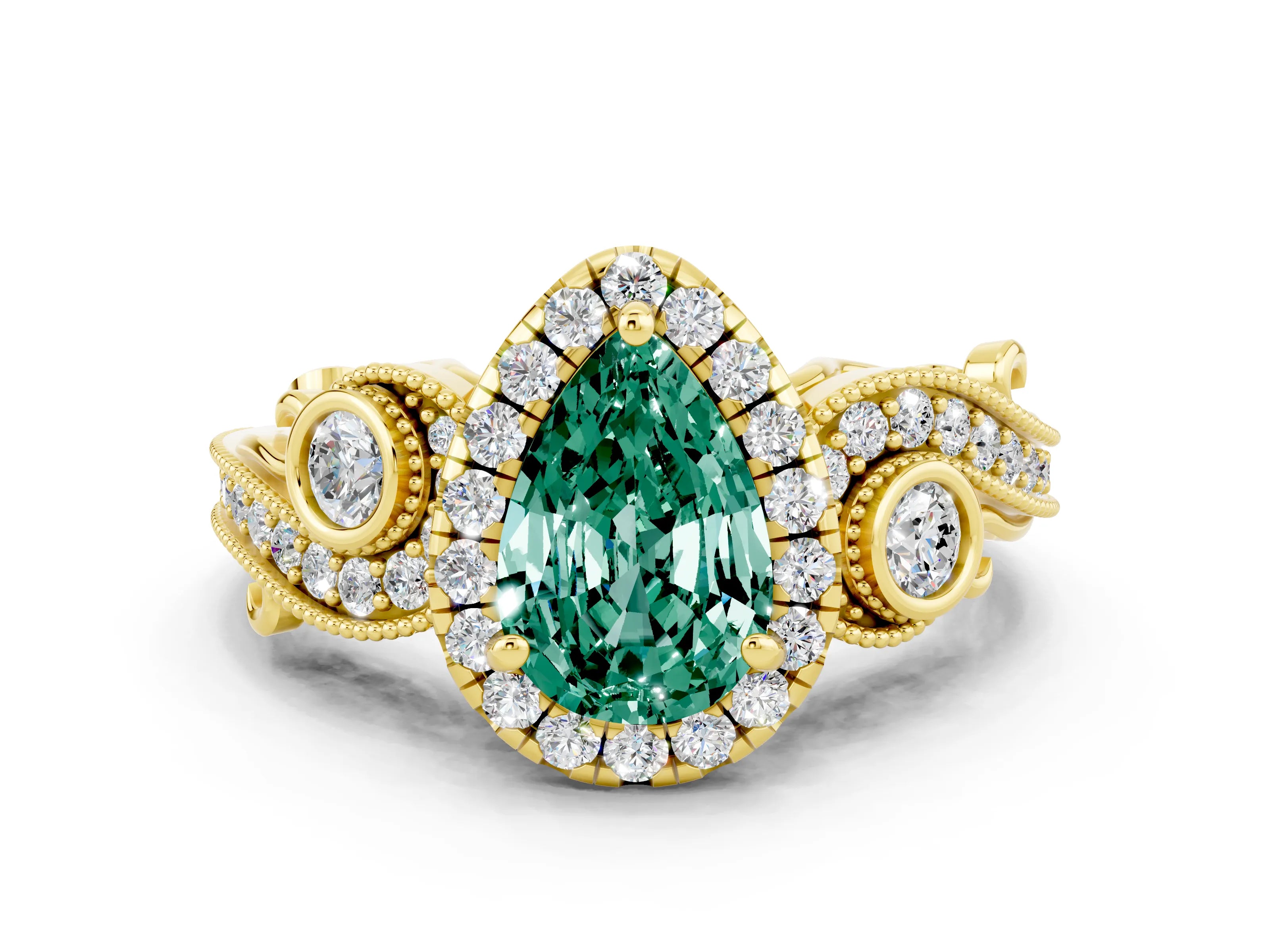 Yellow gold Pear Cut Green Sapphire Halo Ring with Milgrain Pavé Band and Four-Prong Setting_12