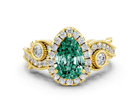 Yellow gold Pear Cut Green Sapphire Halo Ring with Milgrain Pavé Band and Four-Prong Setting_12