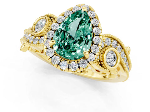 Yellow gold Pear Cut Green Sapphire Halo Ring with Milgrain Pavé Band and Four-Prong Setting_13
