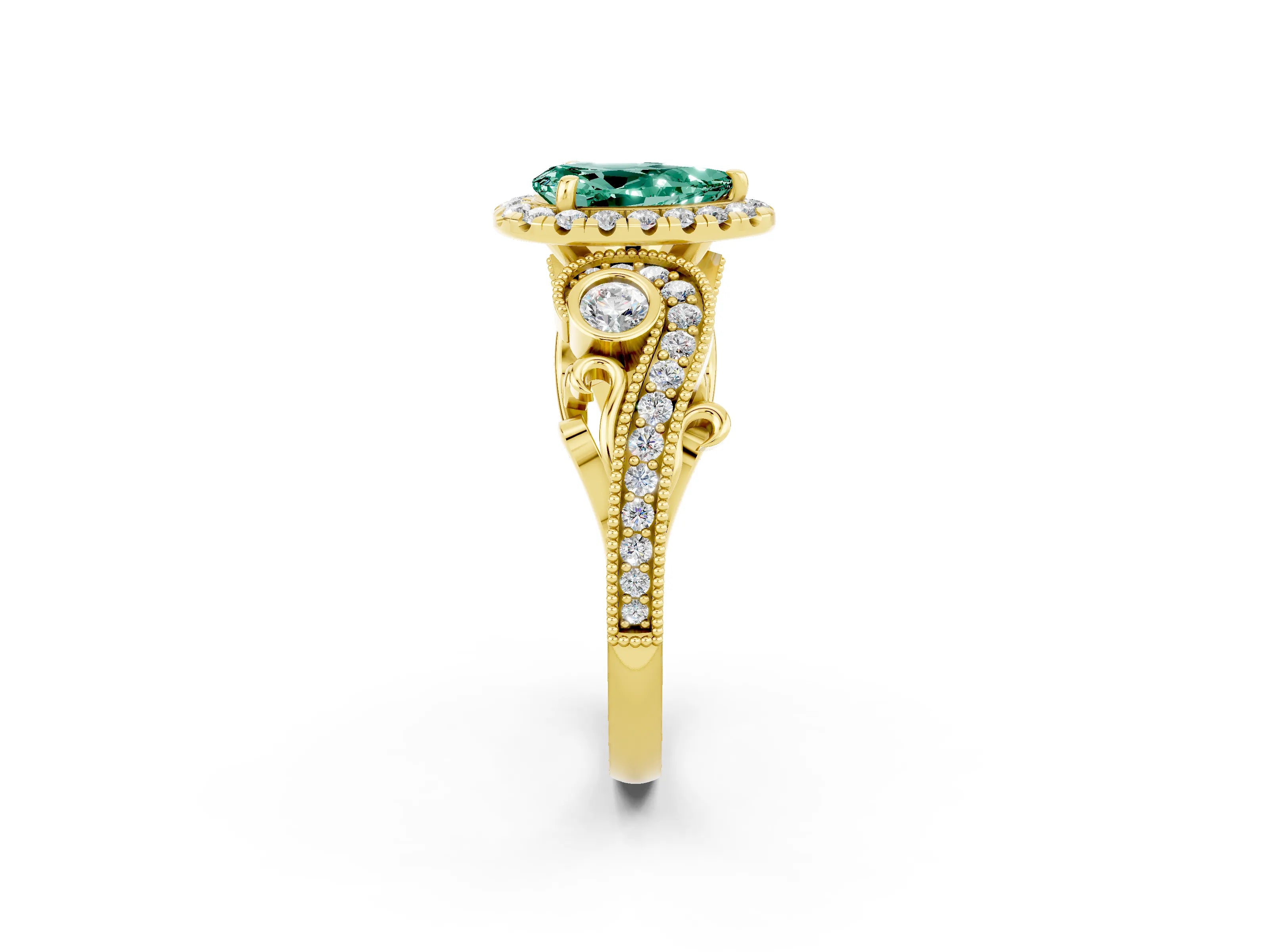 Yellow gold Pear Cut Green Sapphire Halo Ring with Milgrain Pavé Band and Four-Prong Setting_14