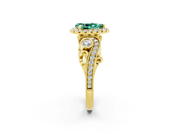 Yellow gold Pear Cut Green Sapphire Halo Ring with Milgrain Pavé Band and Four-Prong Setting