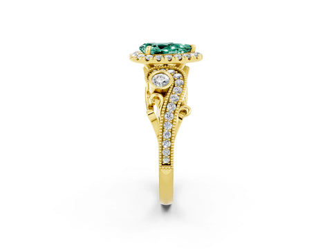 Yellow gold Pear Cut Green Sapphire Halo Ring with Milgrain Pavé Band and Four-Prong Setting_14