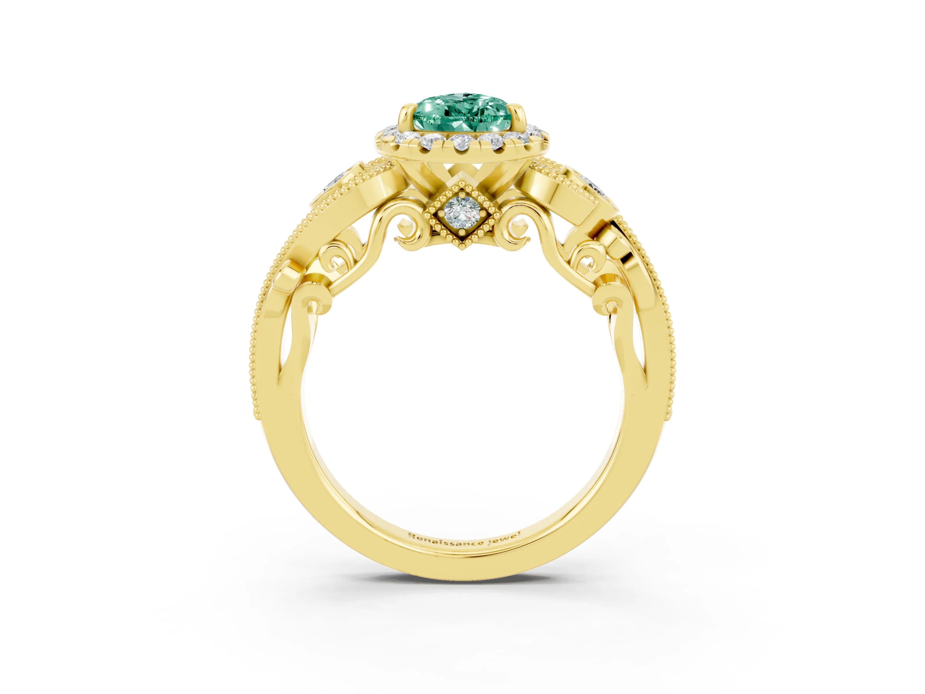 Yellow gold Pear Cut Green Sapphire Halo Ring with Milgrain Pavé Band and Four-Prong Setting_15