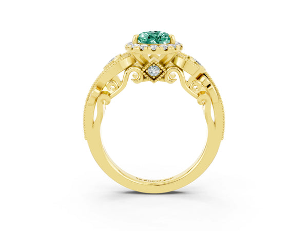 Yellow gold Pear Cut Green Sapphire Halo Ring with Milgrain Pavé Band and Four-Prong Setting