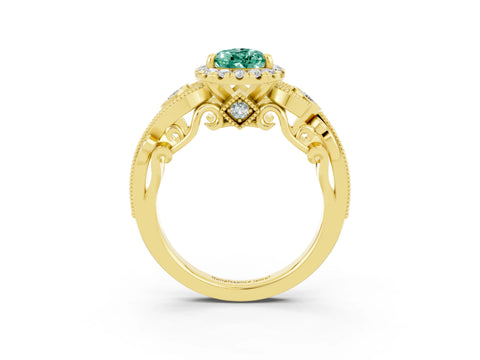 Yellow gold Pear Cut Green Sapphire Halo Ring with Milgrain Pavé Band and Four-Prong Setting_15