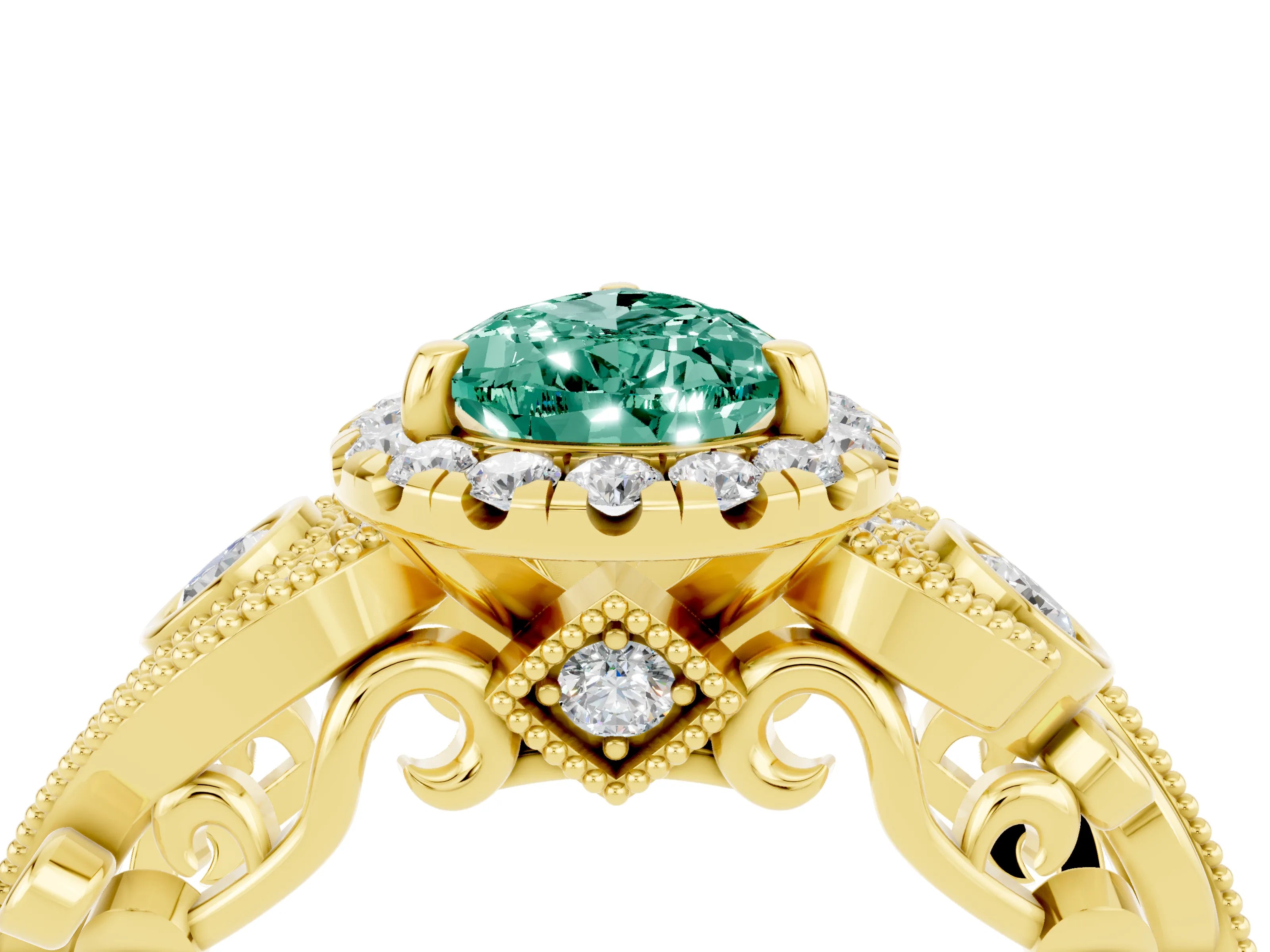 Yellow gold Pear Cut Green Sapphire Halo Ring with Milgrain Pavé Band and Four-Prong Setting_16