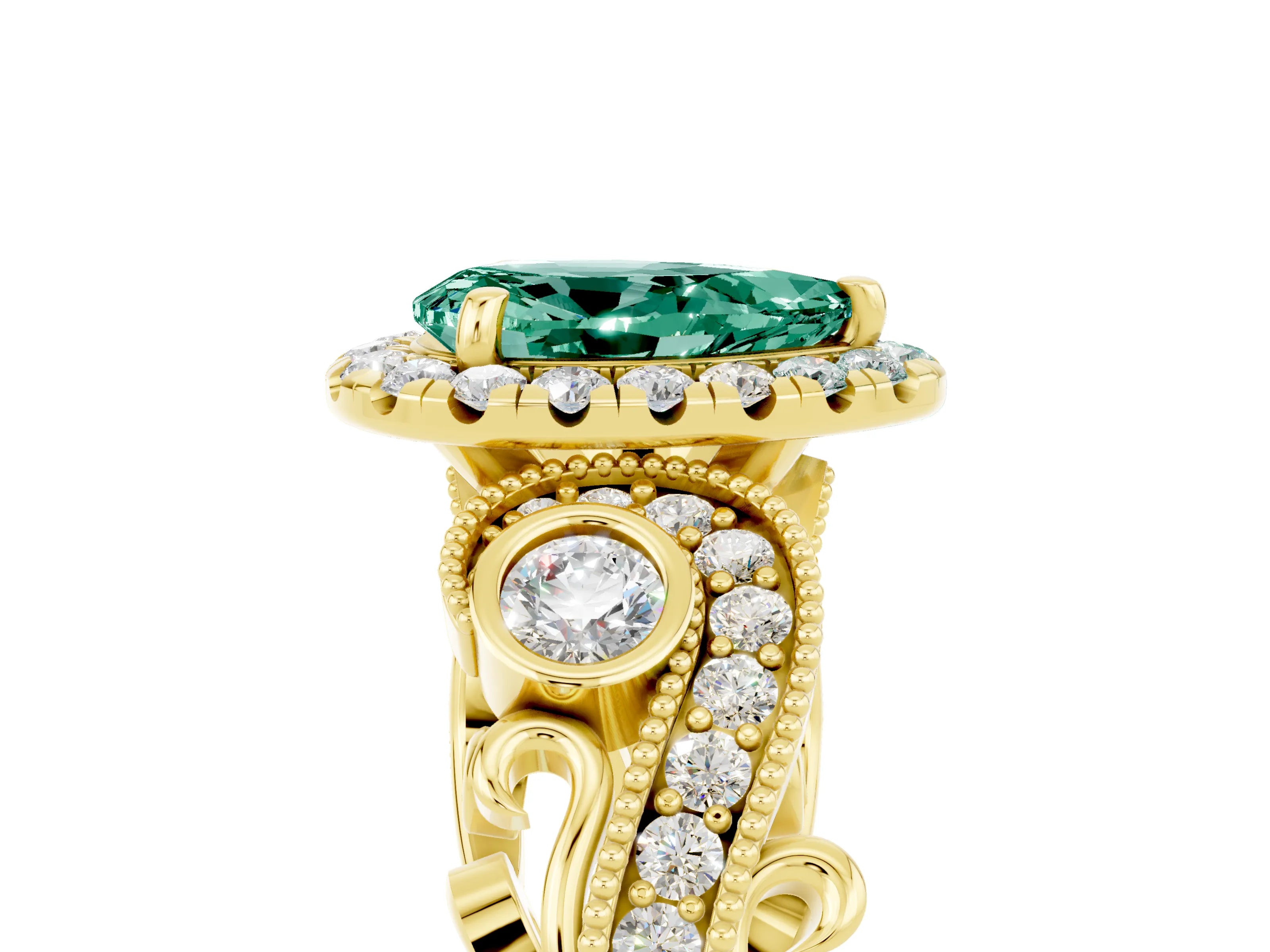 Yellow gold Pear Cut Green Sapphire Halo Ring with Milgrain Pavé Band and Four-Prong Setting_17