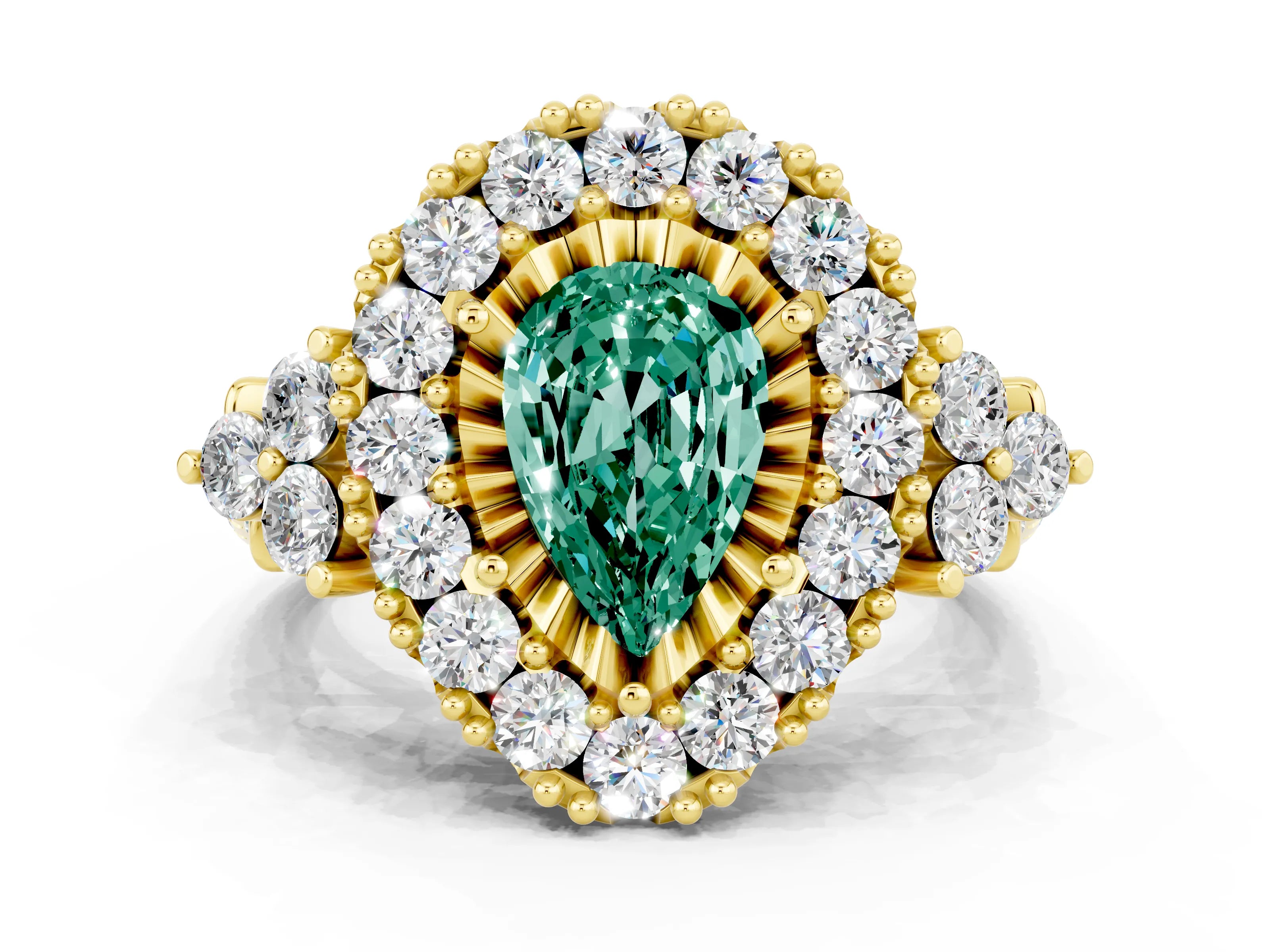 Yellow gold Pear Cut Green Sapphire Halo Ring with Pavé Band and Four-Prong Setting_12