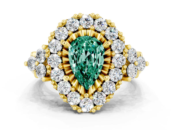 Yellow gold Pear Cut Green Sapphire Halo Ring with Pavé Band and Four-Prong Setting