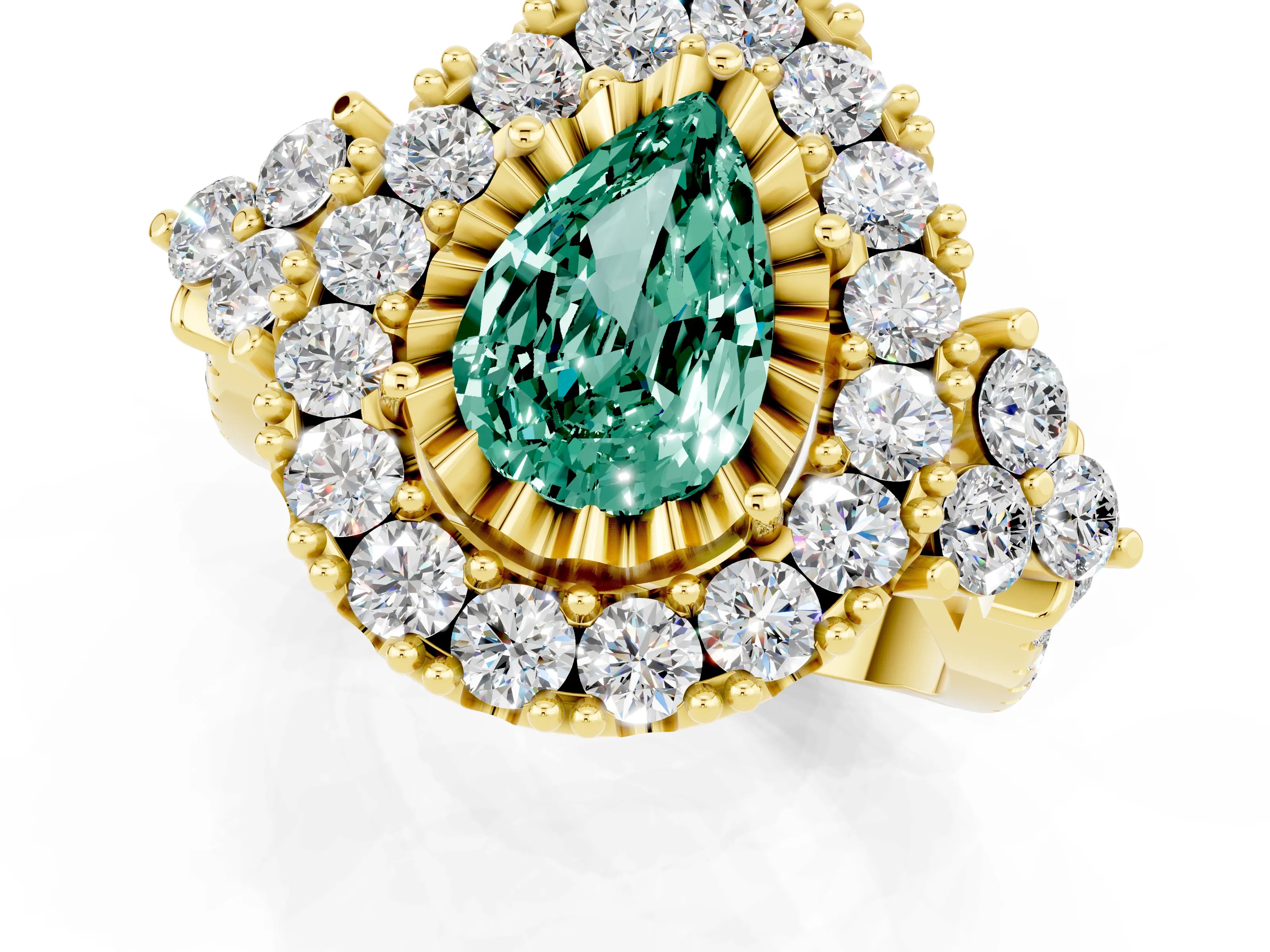 Yellow gold Pear Cut Green Sapphire Halo Ring with Pavé Band and Four-Prong Setting_13