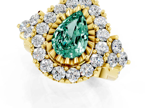 Yellow gold Pear Cut Green Sapphire Halo Ring with Pavé Band and Four-Prong Setting