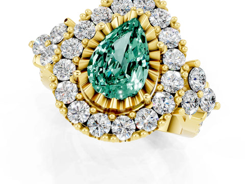 Yellow gold Pear Cut Green Sapphire Halo Ring with Pavé Band and Four-Prong Setting_13