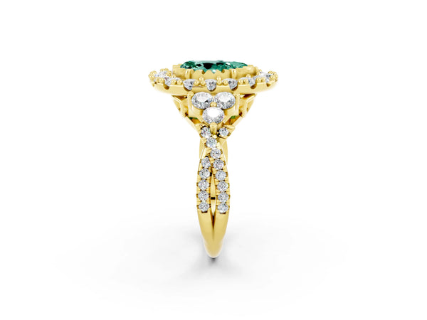 Yellow gold Pear Cut Green Sapphire Halo Ring with Pavé Band and Four-Prong Setting