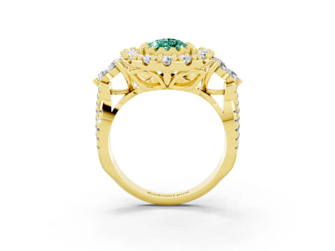 Yellow gold Pear Cut Green Sapphire Halo Ring with Pavé Band and Four-Prong Setting_15