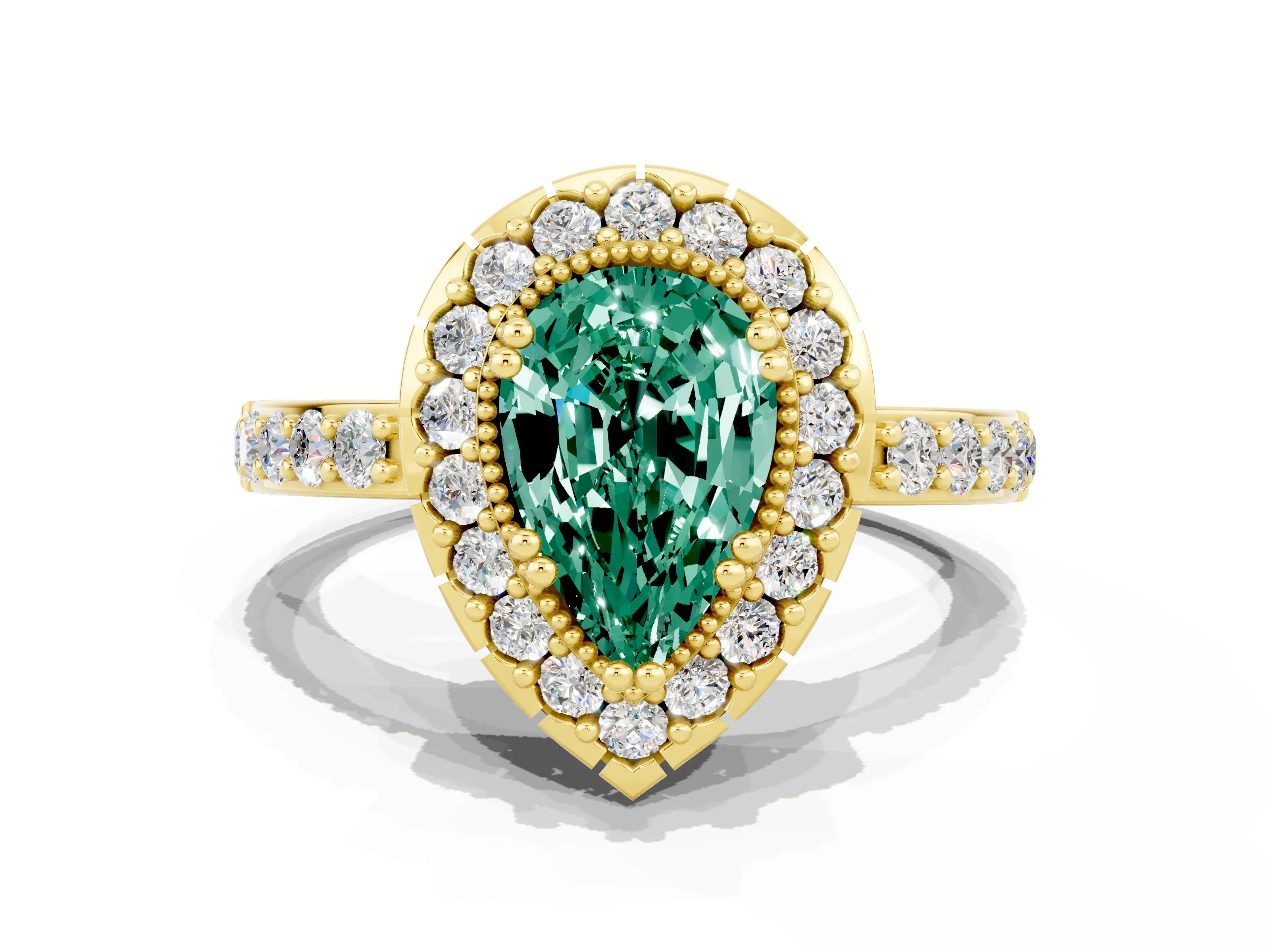 Yellow gold Pear Cut Green Sapphire Halo Ring with Pavé Band and Prong Setting