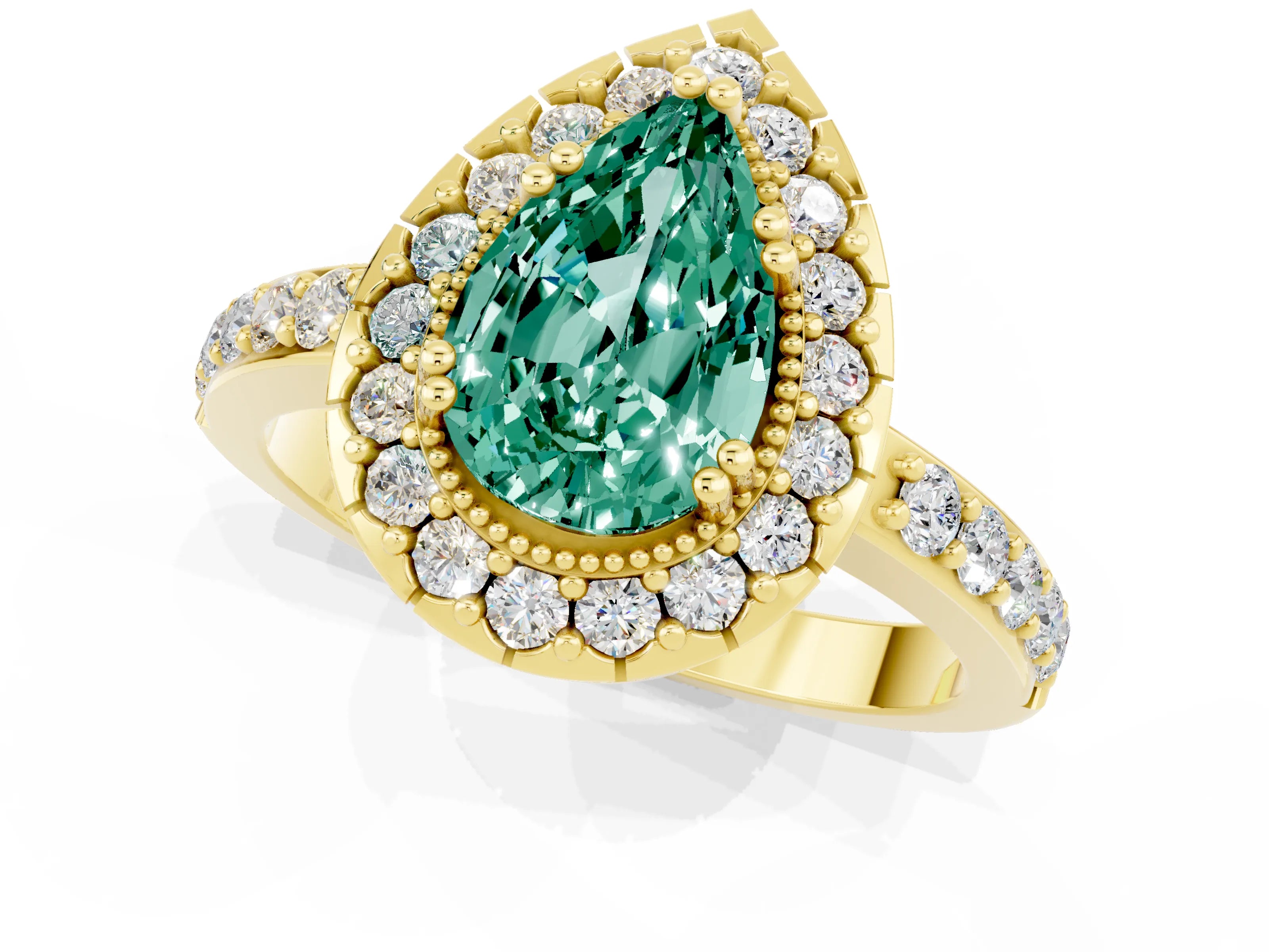 Yellow gold Pear Cut Green Sapphire Halo Ring with Pavé Band and Prong Setting_1