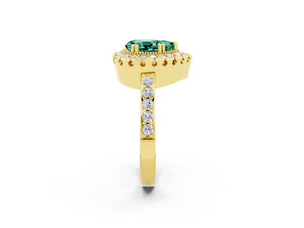 Yellow gold Pear Cut Green Sapphire Halo Ring with Pavé Band and Prong Setting
