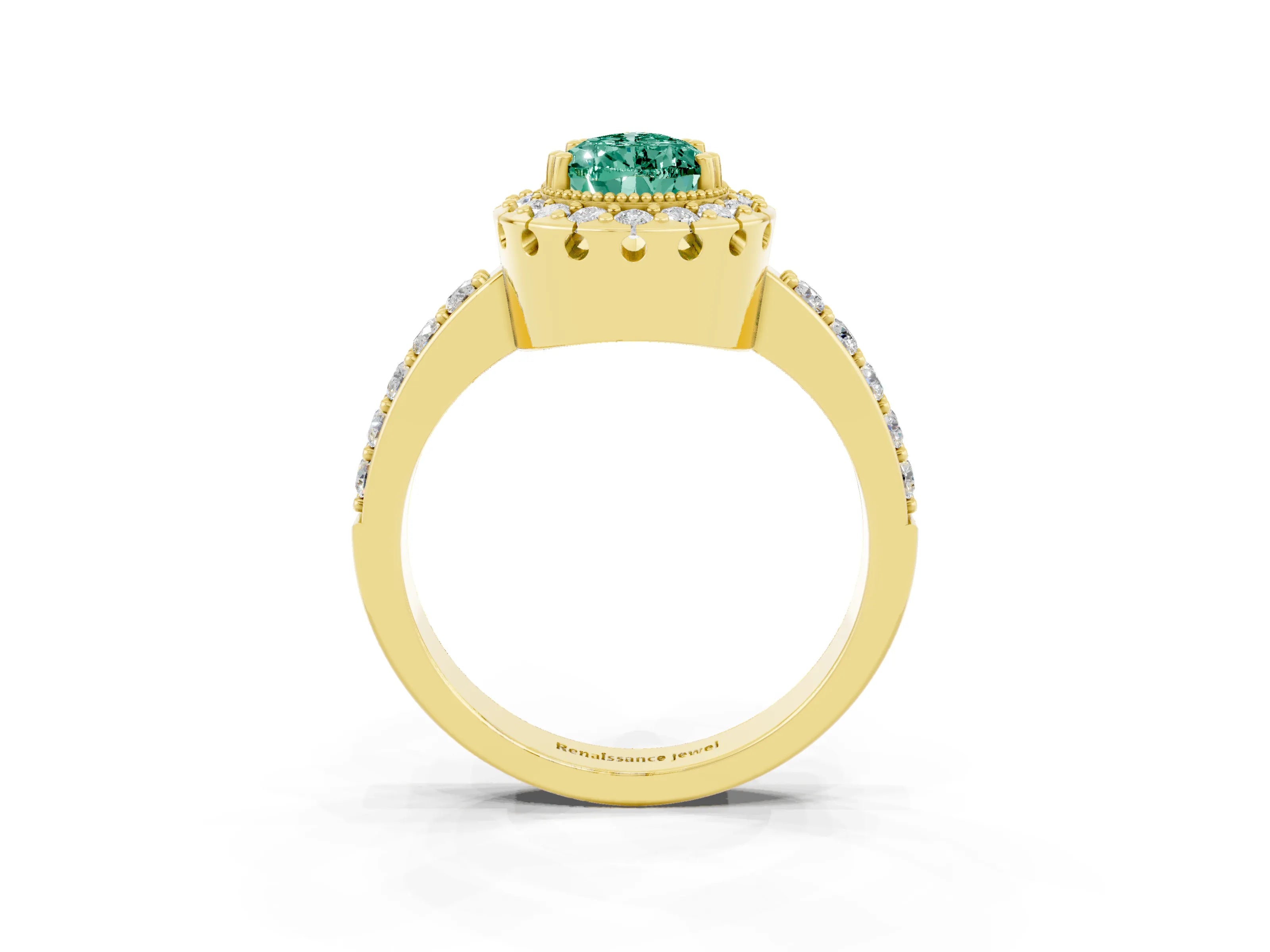 Yellow gold Pear Cut Green Sapphire Halo Ring with Pavé Band and Prong Setting_3