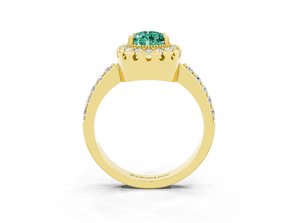 Yellow gold Pear Cut Green Sapphire Halo Ring with Pavé Band and Prong Setting