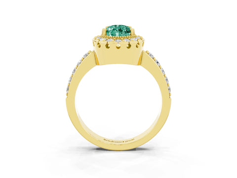 Yellow gold Pear Cut Green Sapphire Halo Ring with Pavé Band and Prong Setting_3