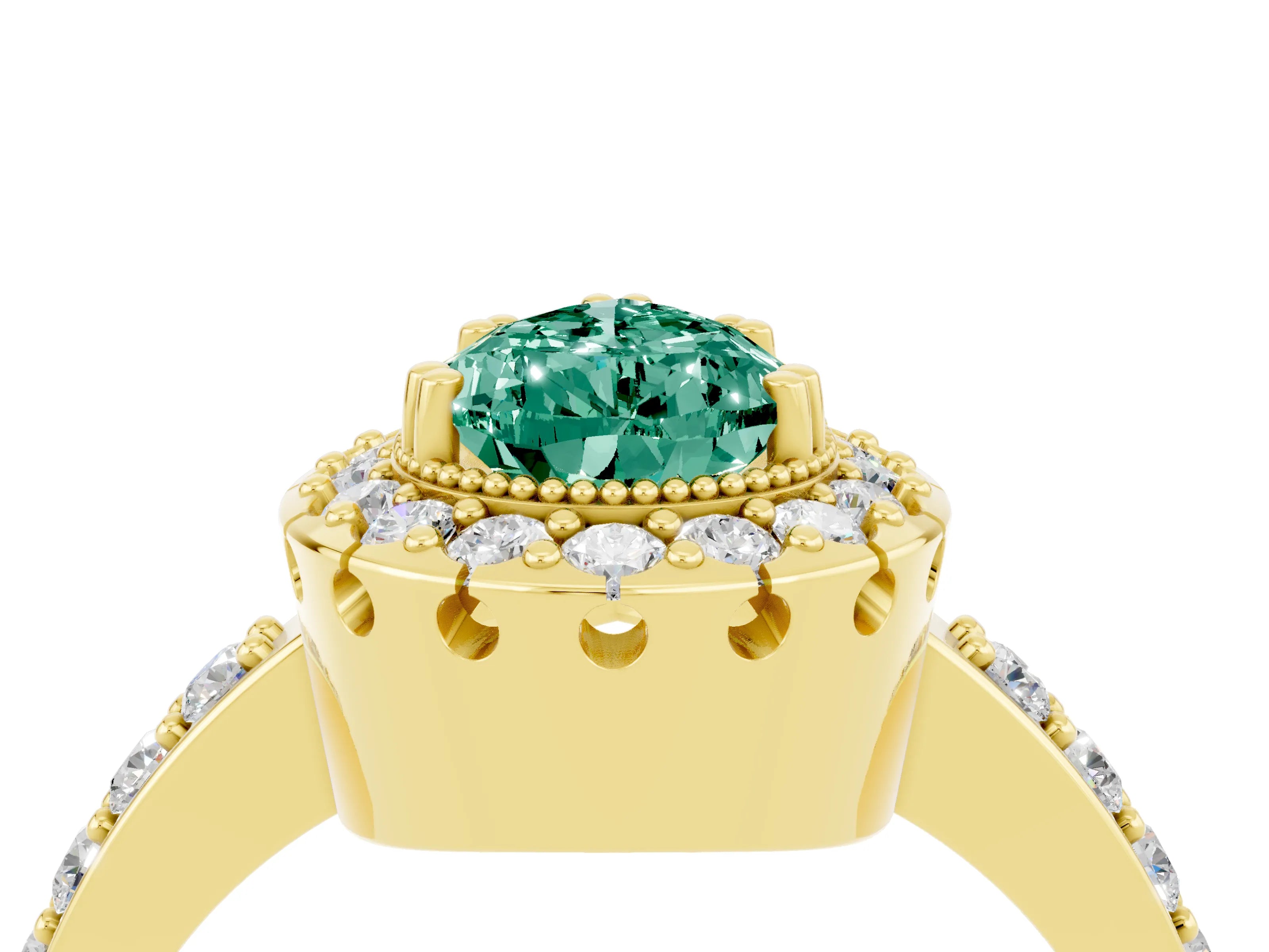 Yellow gold Pear Cut Green Sapphire Halo Ring with Pavé Band and Prong Setting_4