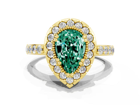 Yellow gold Pear Cut Green Sapphire Halo Ring with Pavé Band and Prong Setting