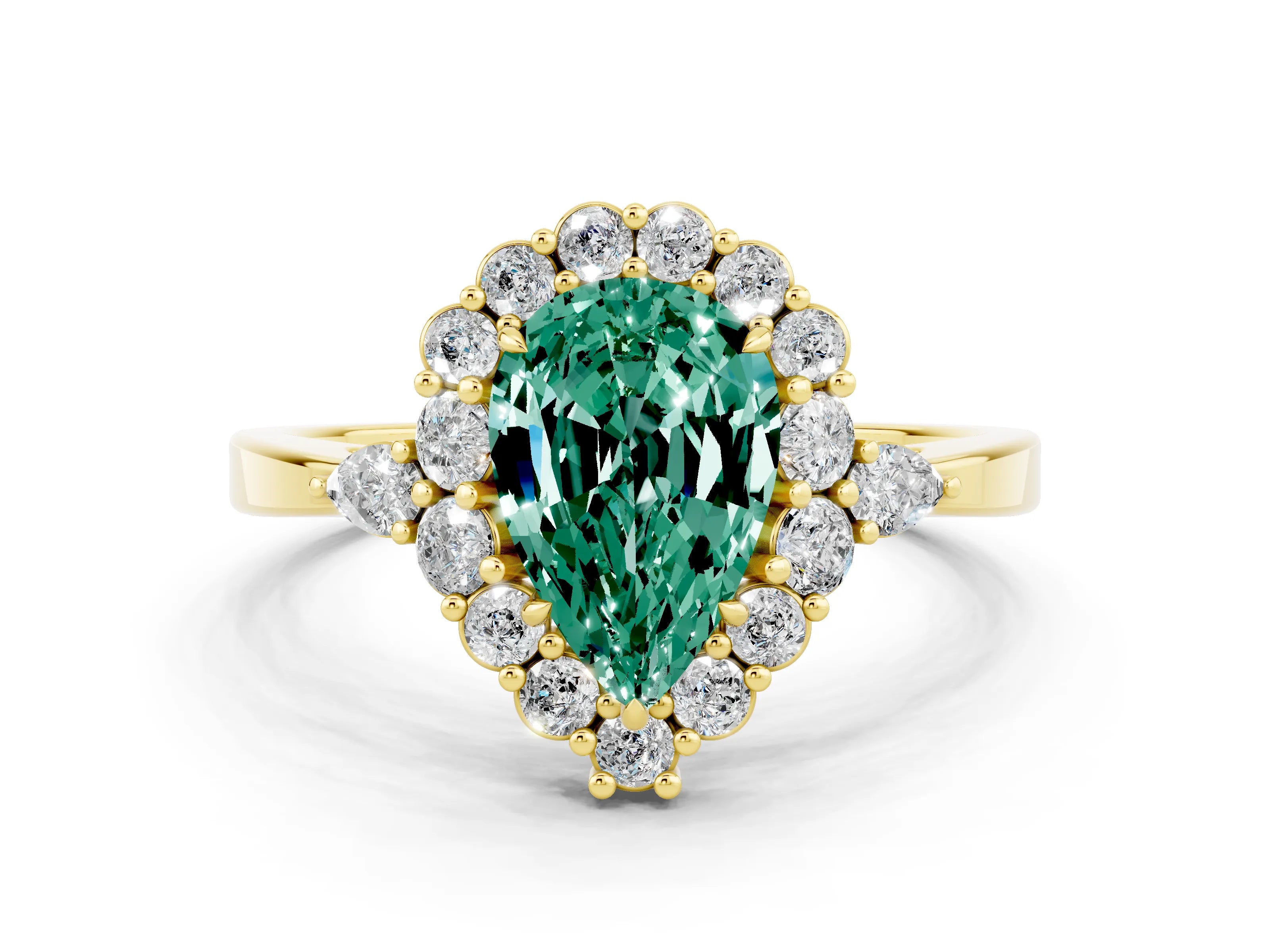 Yellow gold Pear Cut Green Sapphire Halo Ring with Pear Side Stones and Prong Setting_12