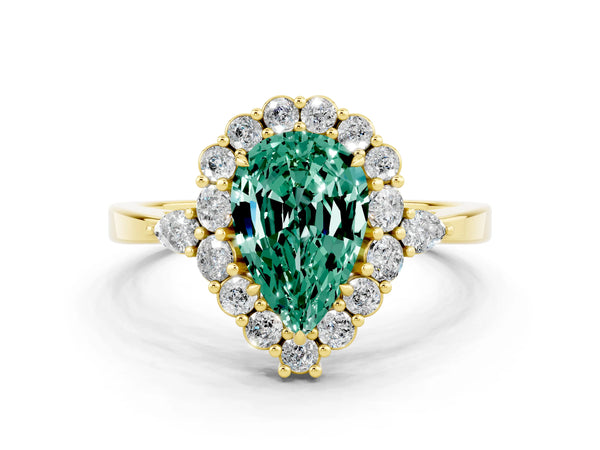 Yellow gold Pear Cut Green Sapphire Halo Ring with Pear Side Stones and Prong Setting