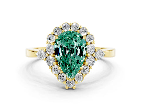 Yellow gold Pear Cut Green Sapphire Halo Ring with Pear Side Stones and Prong Setting_12