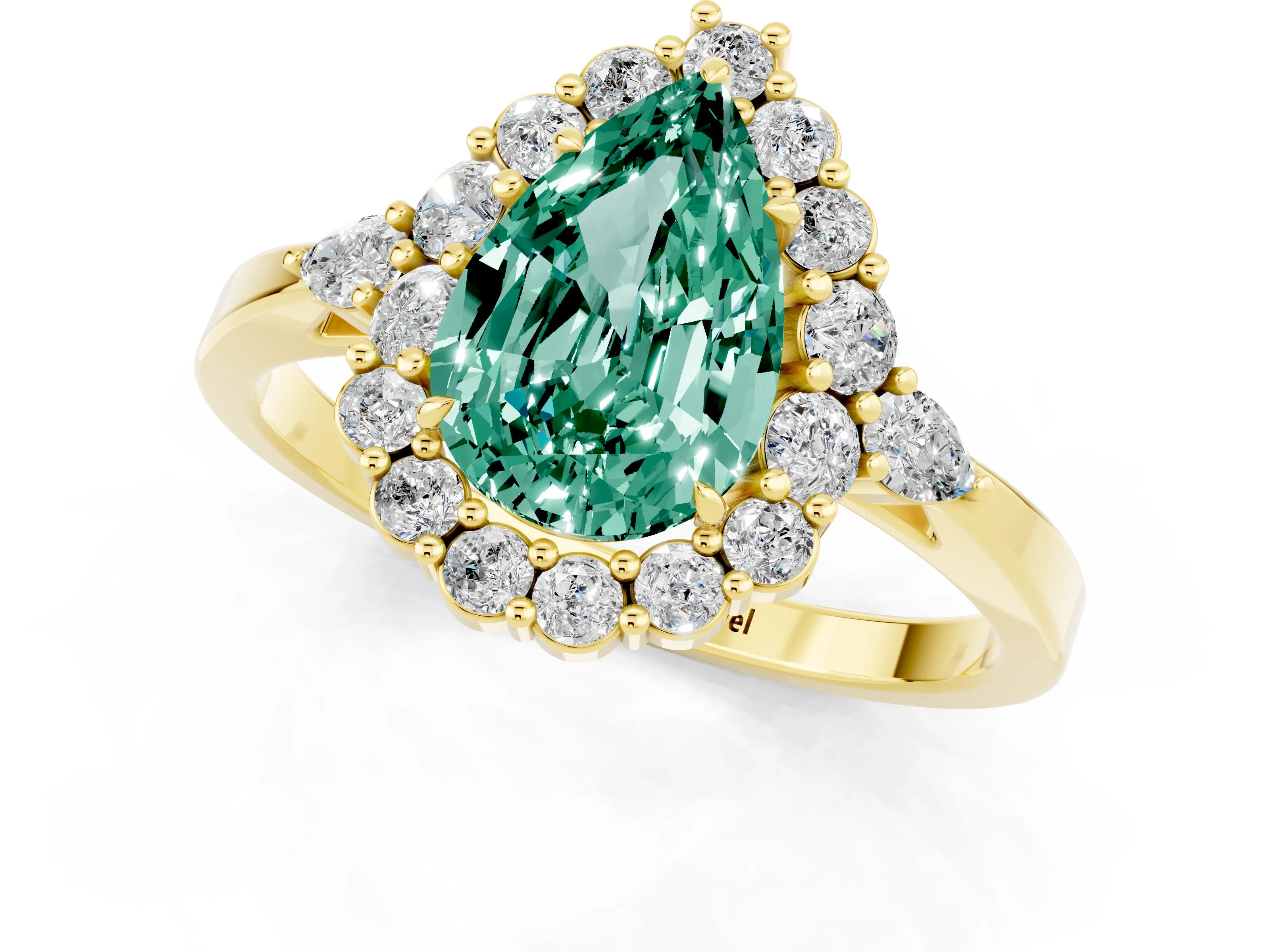 Yellow gold Pear Cut Green Sapphire Halo Ring with Pear Side Stones and Prong Setting_13