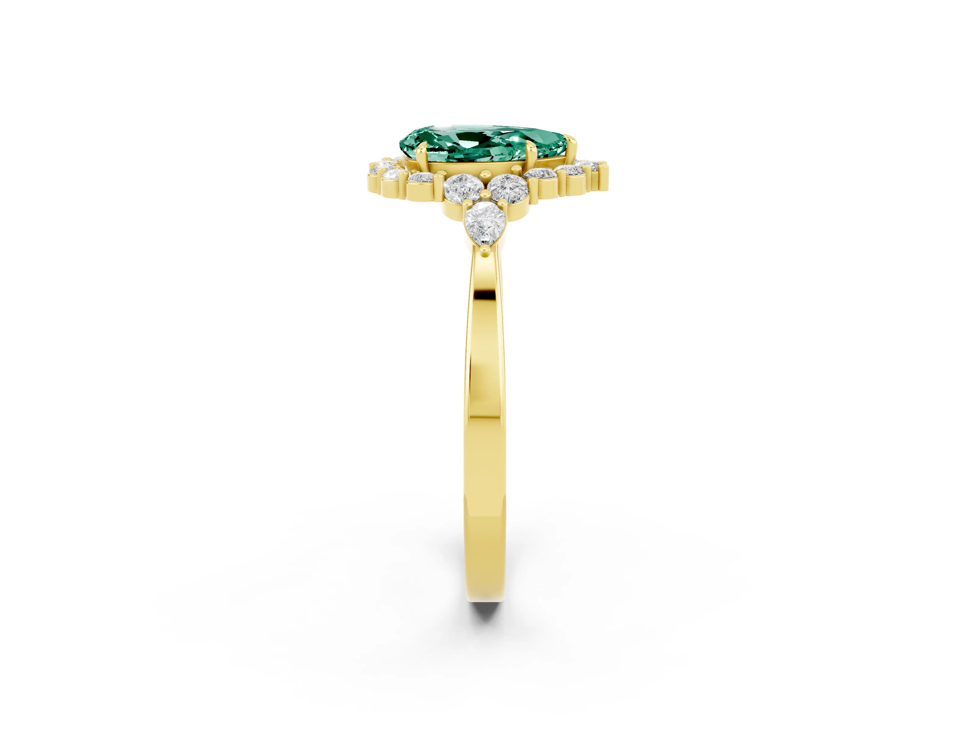 Yellow gold Pear Cut Green Sapphire Halo Ring with Pear Side Stones and Prong Setting_14